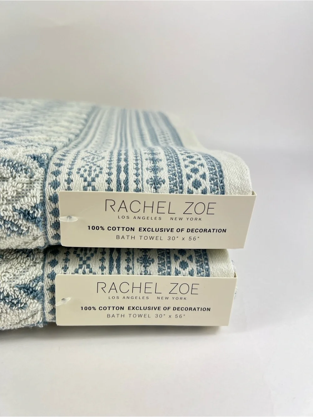 Rachel Zoe Bath Towels Blue Cream Chevron Design Soft 100% Cotton 2 Pc NEW